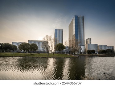 Modern Office Buildings by a Serene Lake - Powered by Shutterstock