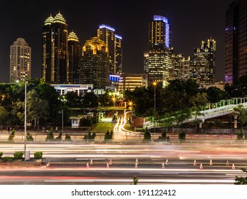 Modern Office Buildings Captured At Night In Jakarta Central Business District, Indonesia