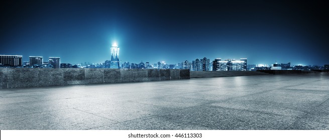 Modern Office Buildings In Hangzhou West Lake Square At Night On View From Empty Street