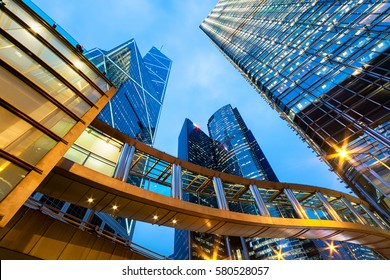 Modern Office Buildings At Night In Central Hong Kong. 