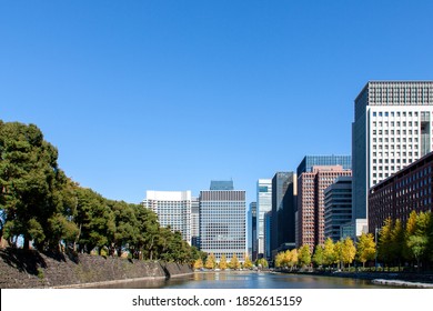 Modern Office Buildings And The Outer Moat Of The Edo Castle With Surrounding Stone Wall