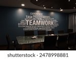 Modern office conference room with sleek black chairs around a glass table, featuring a blue wall adorned with inspirational teamwork-themed word art, illustrative corporate environment, and teamwork.