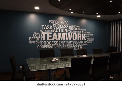 Modern office conference room with sleek black chairs around a glass table, featuring a blue wall adorned with inspirational teamwork-themed word art, illustrative corporate environment, and teamwork.