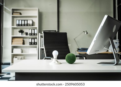 A modern office desk with a laptop, monitor, and plant. sleek, minimal design features open space, technology and productivity. room is empty, offering a clean and organized workspace. - Powered by Shutterstock