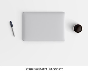 Modern Office Desk Workplace With Closed Laptop, Coffee Cup And Pen Copy Space On Color Background. Top View. Flat Lay Style.