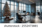 A modern office with floor-to-ceiling windows, showcasing a stylishly decorated Christmas tree and wrapped gifts, creating a serene and festive atmosphere.