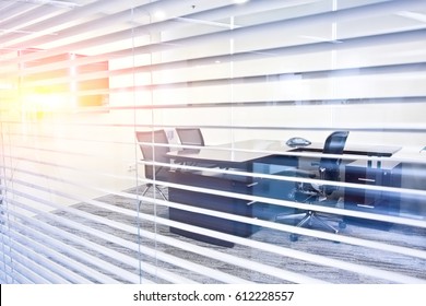 The Modern Office Is Inside The Blinds. The Sun Passes Through The Blinds