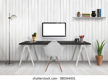 Modern Office Interior With Computer On Desk, Plants, Lamp, Chair, Shelf, Books, Wooden Wall And Floor.