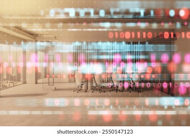 Modern office interior with glass walls, overlaid with colorful binary code and light effects, symbolizing technology and innovation