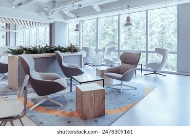 A modern office lounge area with a blend of comfort and functionality. The space features a large, plush gray sofa accented with colorful cushions, accompanied by sleek black chairs. - Powered by Shutterstock