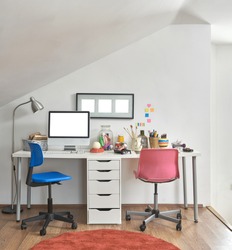 modern office room detail vertical banner behind white wall decoration concept, a School & Education Photo by united photo studio