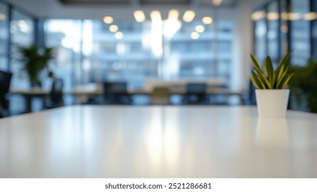 modern office setting featuring white PVC table top with small potted plant in focus, surrounded by blurred background of contemporary furniture and bright lighting. atmosphere is calm and inviting. - Powered by Shutterstock