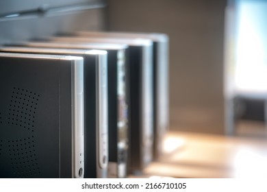 Modern Office Small Computer Terminals In A Row.