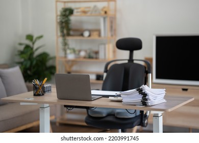 Modern Office Space With Tables And Chairs, Computers And Office Supplies With No Employees