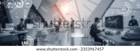 Modern office and statistics data concept. Management strategy. Wide angle visual for banners or advertisements.