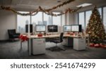 Modern office workspace decorated with festive garlands and a tall Christmas tree by large windows, overlooking an urban cityscape, creating a professional holiday mood.