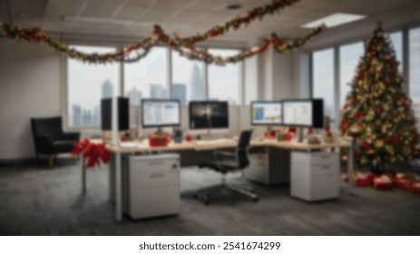 Modern office workspace decorated with festive garlands and a tall Christmas tree by large windows, overlooking an urban cityscape, creating a professional holiday mood. - Powered by Shutterstock