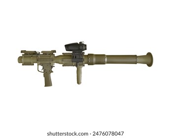 Modern olive colored rocket-propelled grenade launcher is isolated on white background.