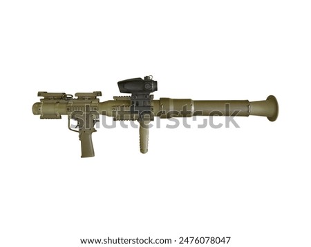 Modern olive colored rocket-propelled grenade launcher is isolated on white background.