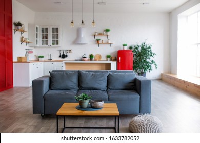 Modern Open Plan Kitchen With Living Area And Big Window