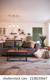 Modern Open Plan Kitchen With Living Area And Big Window. Vertical Image