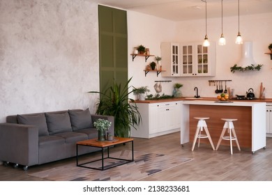 Modern Open Plan Kitchen With Living Area And Big Window.