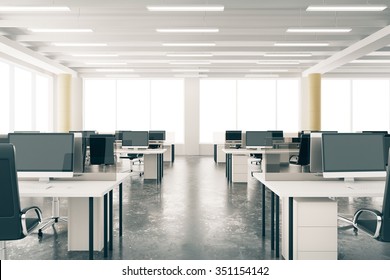 Modern Open Space Loft Office With Furniture, Concrete Floor, Big Windows And Pillars 3D Render