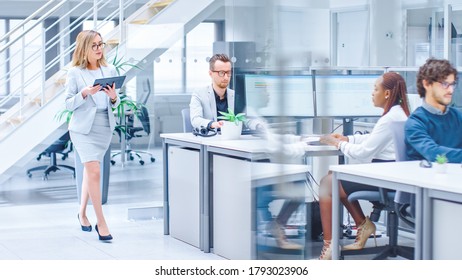Im modernen Open Space Office gehen Geschäftsfrauen durch den Hallway. Geschäftsleute arbeiten, Computer verwenden, Diskussionen führen, Lösungen finden und an Desktop-Computern arbeiten
