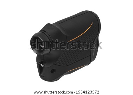 Modern optical range finder isolated on white background. Isolated black plastic rangefinder used for golfing or hunting.