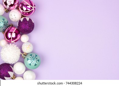 Modern Pastel Christmas Bauble Side Border Over A Light Purple Background