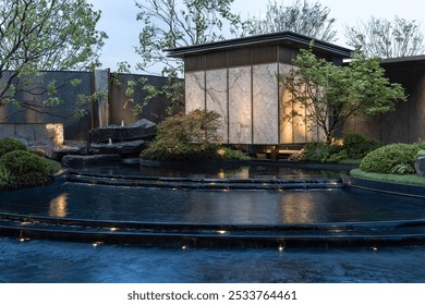 Modern pavilion with stone walls, surrounded by lush greenery and subtle exterior lighting, situated beside a tranquil, reflective water feature. - Powered by Shutterstock