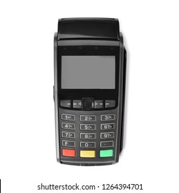 Modern Payment Terminal On White Background, Top View