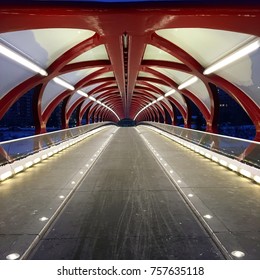 The modern Peace Bridge, a pedestrian bridge in Calgary, Alberta, carries walkers and bikers across the Bow River
