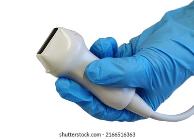 Modern phased array ultrasound medical probe used in neurology for transcranial examinations and also in cardiology with continous doppler, white background.