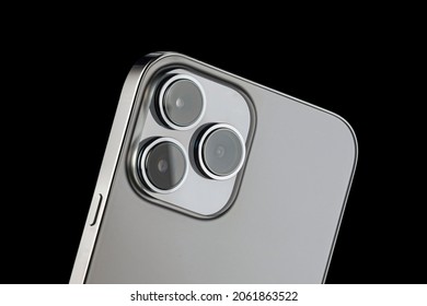 A Modern Phone With Three Cameras For Photography And Video Shooting. Close-up Phone Lenses From The Back Of The Phone