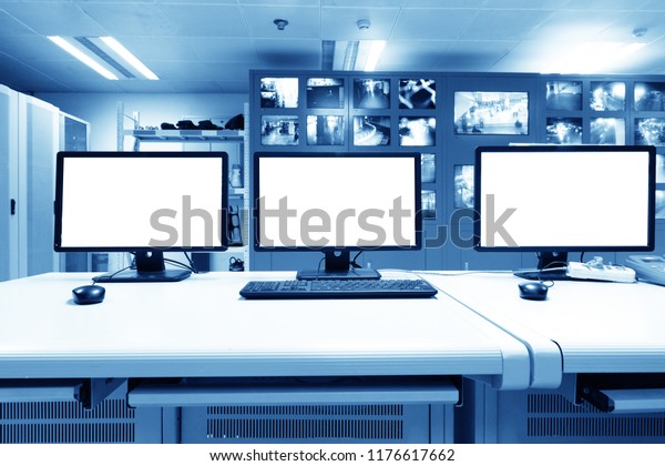 Modern Plant Control Room Computer Monitors Stock Photo