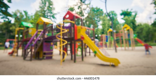 Modern Playground Equipment. Modern Colorful Kids Playground On Yard In The Park. Image For Background Of Playground, Activities At Public Park. 