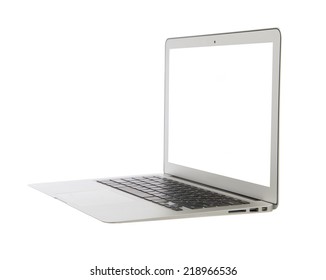 Modern popular business laptop computer with keyboard white screen isolated on a white background 