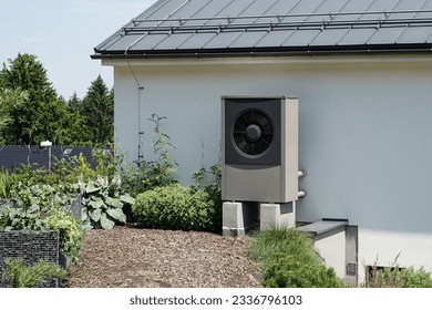 Modern powerful heat pump in modern house using green energy, future of heating concept