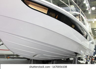 Modern powerful motor boat bottom with bow thruster steering hole and redans