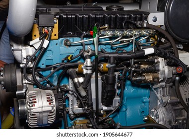 Modern Powerful Semi  Truck Turbo Diesel Engine Closeup. 