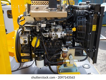 Modern Powerful Semi Truck Turbo Diesel Engine Closeup.