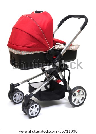 A modern pram isolated against a white background