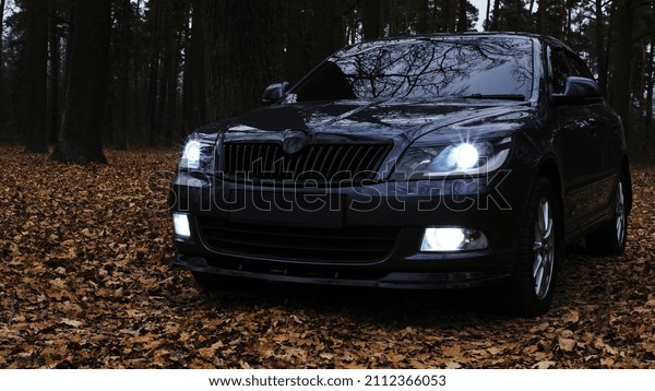 modern prestigious car. beautiful car. dark gray\
color. glowing headlight, illuminates on a sports car. in the\
evening. forest with trees at autumn time. editorial, Ukraine,\
Kiev, November 2021