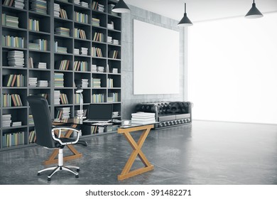 Modern Private Office With Blank Poster, Bookshelf And Workplace, Mock Up, 3D Render