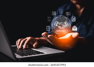 Modern procurement, smart digital interface featuring handshake icon symbol agreement businessmen, streamlining contract document workflow integrated business solutions advanced supply chain systems.