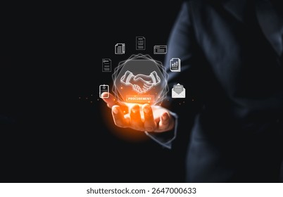 Modern procurement, smart digital interface featuring handshake icon symbol agreement businessmen, streamlining contract document workflow integrated business solutions advanced supply chain systems.