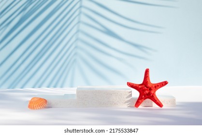 Modern product display on blue background with product podium, starfish, seashell and tropical palm leaf shadow. Suitable for Product Display and Business Concept.