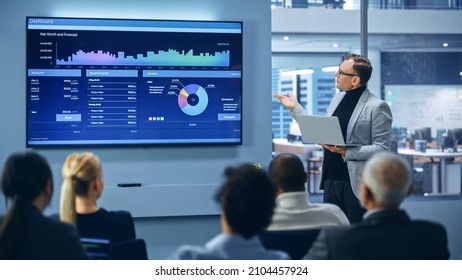 Modern Product Presentation Event: On-Stage Successful Caucasian Businessman Speaker Presents e-Commerce Startup Big Data Statistics, Charts, Revenue Growth Infographics. Live Event. Press Conference - Shutterstock ID 2104457924