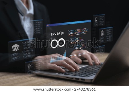 Modern programming and software development concept, Businesswoman coding AI systems, Industrial automation, Security systems and data management solutions for advanced digital transformation